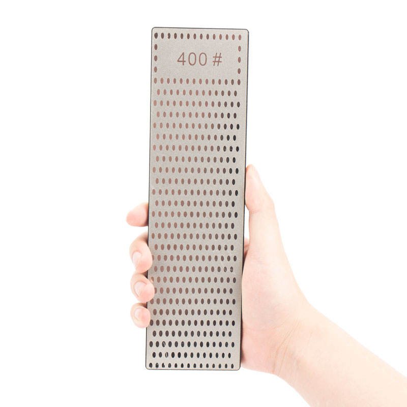 Long rectangular diamond sharpening block with oval-patterned abrasive face marked400