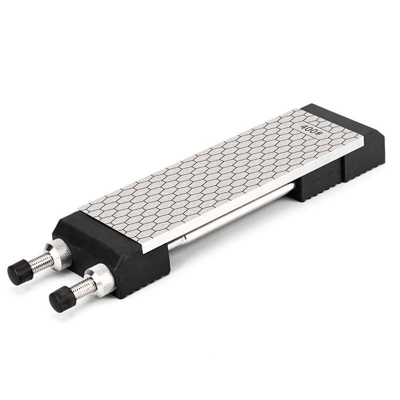 Adjustable whetstone holder with black endblocks twin threaded rails and sharpening plate