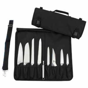 Chef knife roll shown open and closed with two buckles, individual slots, handle and shoulder strap