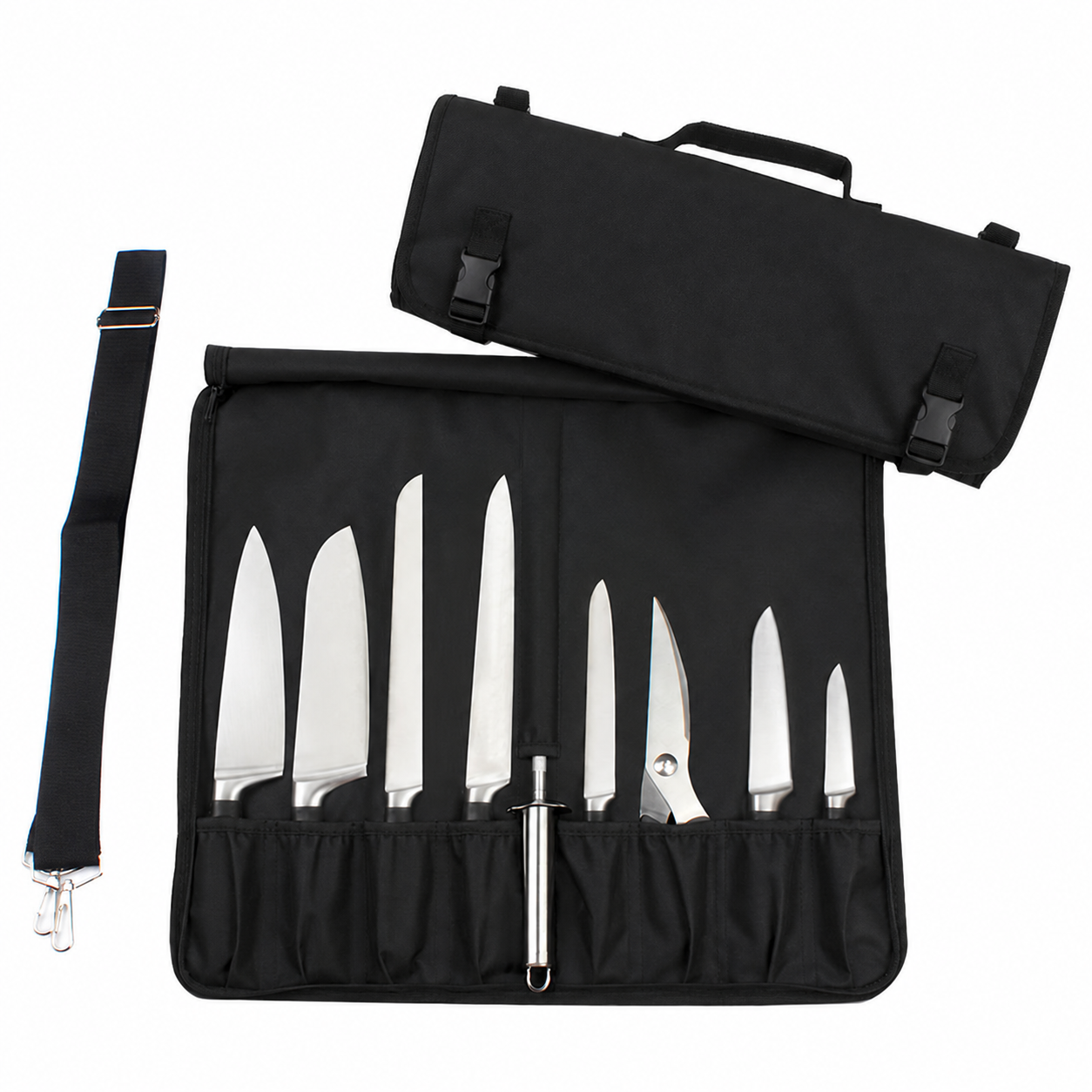 Chef knife roll shown open and closed with two buckles, individual slots, handle and shoulder strap