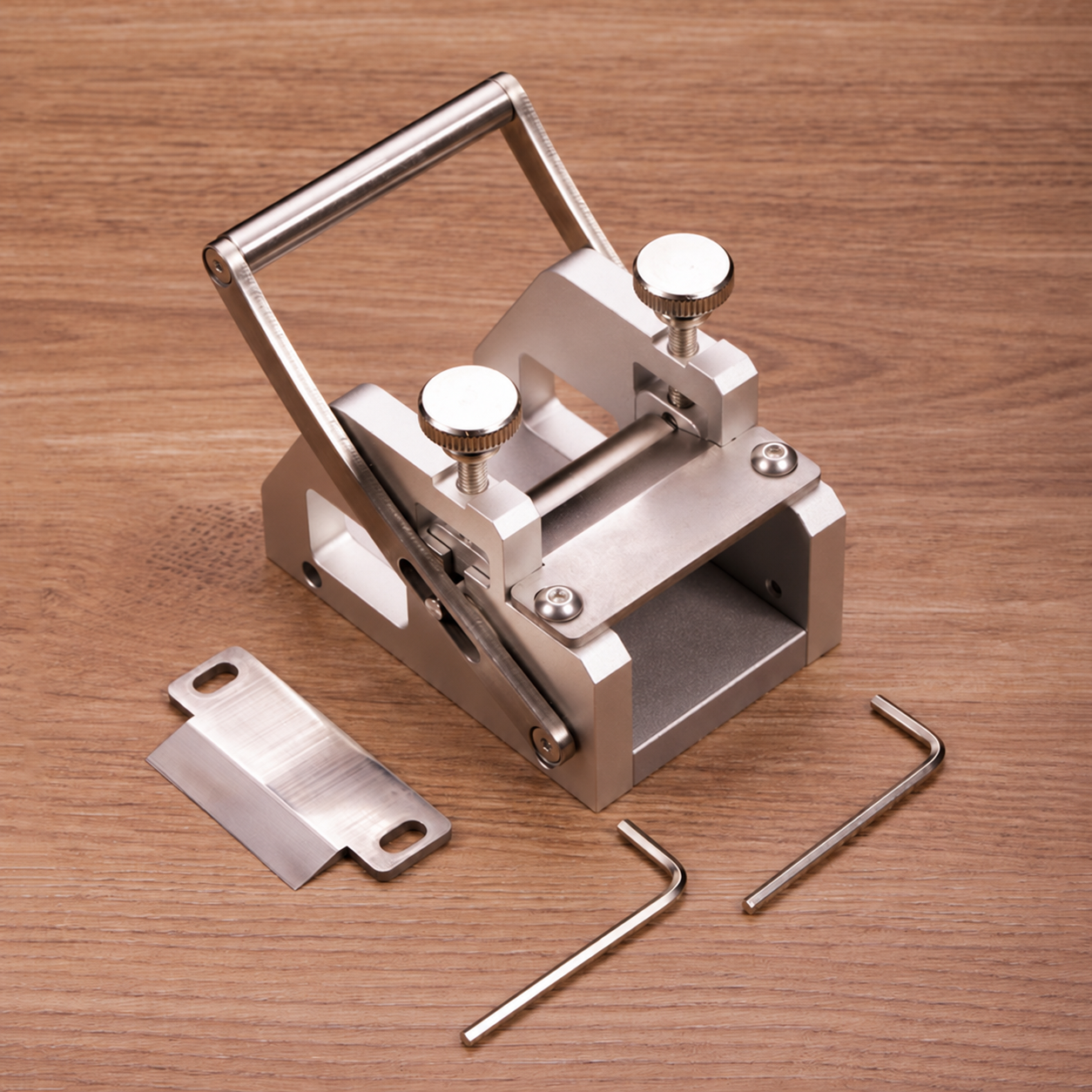 Compact metal-frame leather skiving tool with two adjusters
