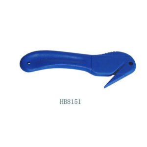 Blue curved-handle packaging cutter with guarded blade channel and small hanging hole
