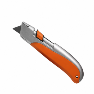 Curved handle utility knife with orange side grip and top thumb slider