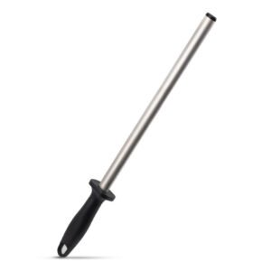 Long metal-colored diamond sharpening rod with black handguard and hanging handle