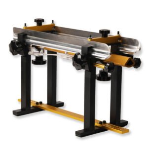 Dual-rail skate blade sharpening fixture with screw-knob clamps and upright tabletop stand