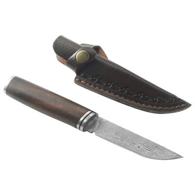 Cuchillo de caza de hoja fija con mango de madera y acero Damascus — TK-FB-0141