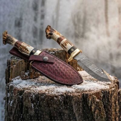 Bone or horn Handle Damascus steel Fixed Čepel Hunting Knife — TK-FB-0366