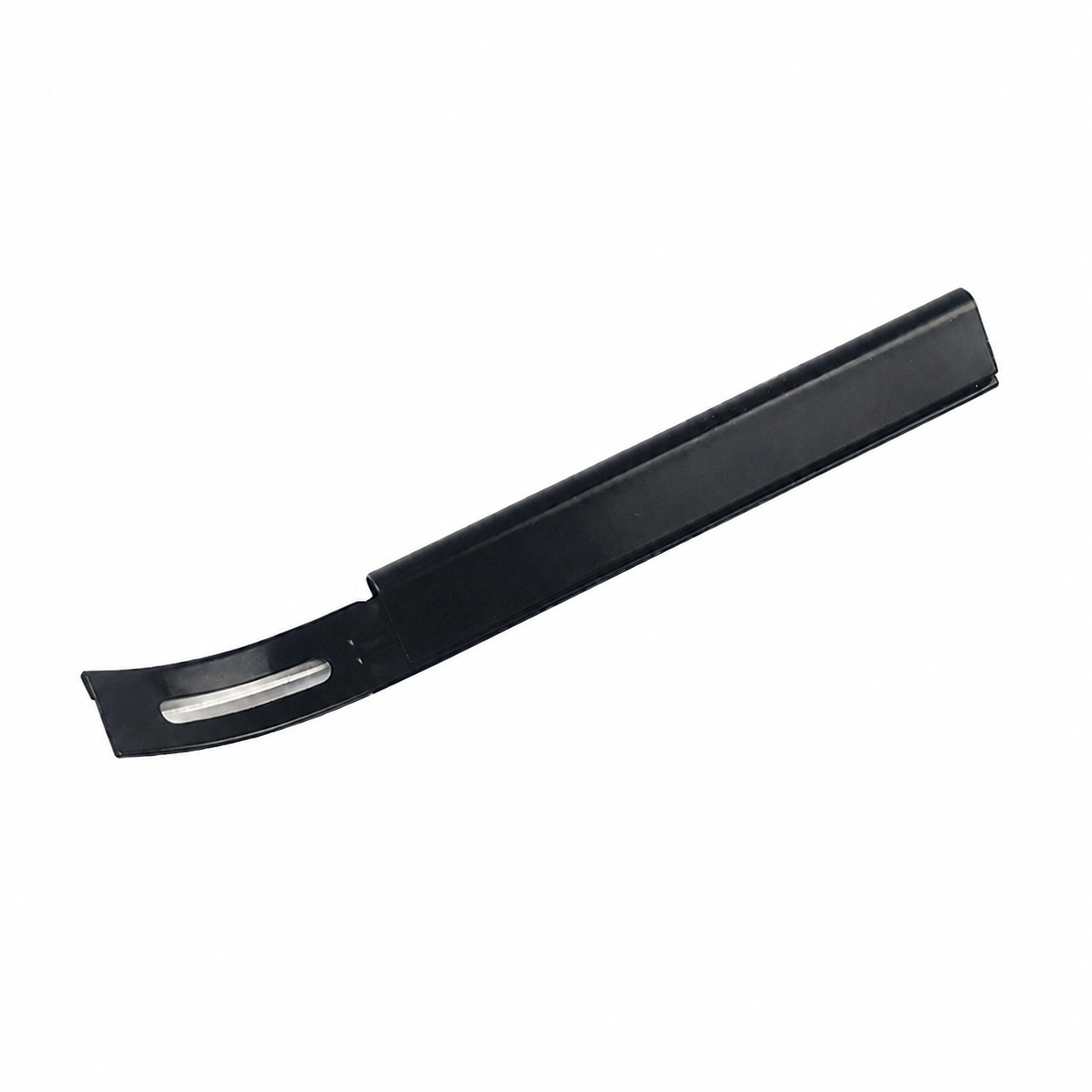 Black curved leather skiving holder with a narrow slot and silver-colored cutting section