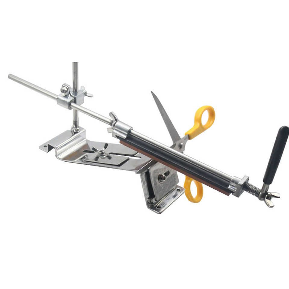 Guided sharpening jig with upright guide post, sliding rod holder, metal clamping bed and scissors demonstration