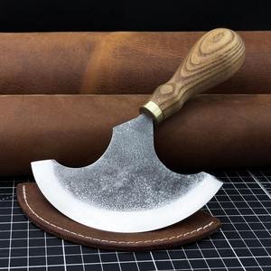 Half-moon leather knife with wood grip and sheath