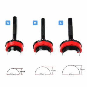 Three half-round leather strap-end punches with red-black holders and size-reference diagrams