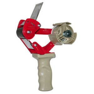 Red metal-frame packing tape dispenser with pistol grip roll spindle and front roller