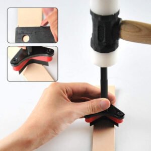 Leather strap-end profile punch held against a leather strip during a mallet-driven cutting demonstration