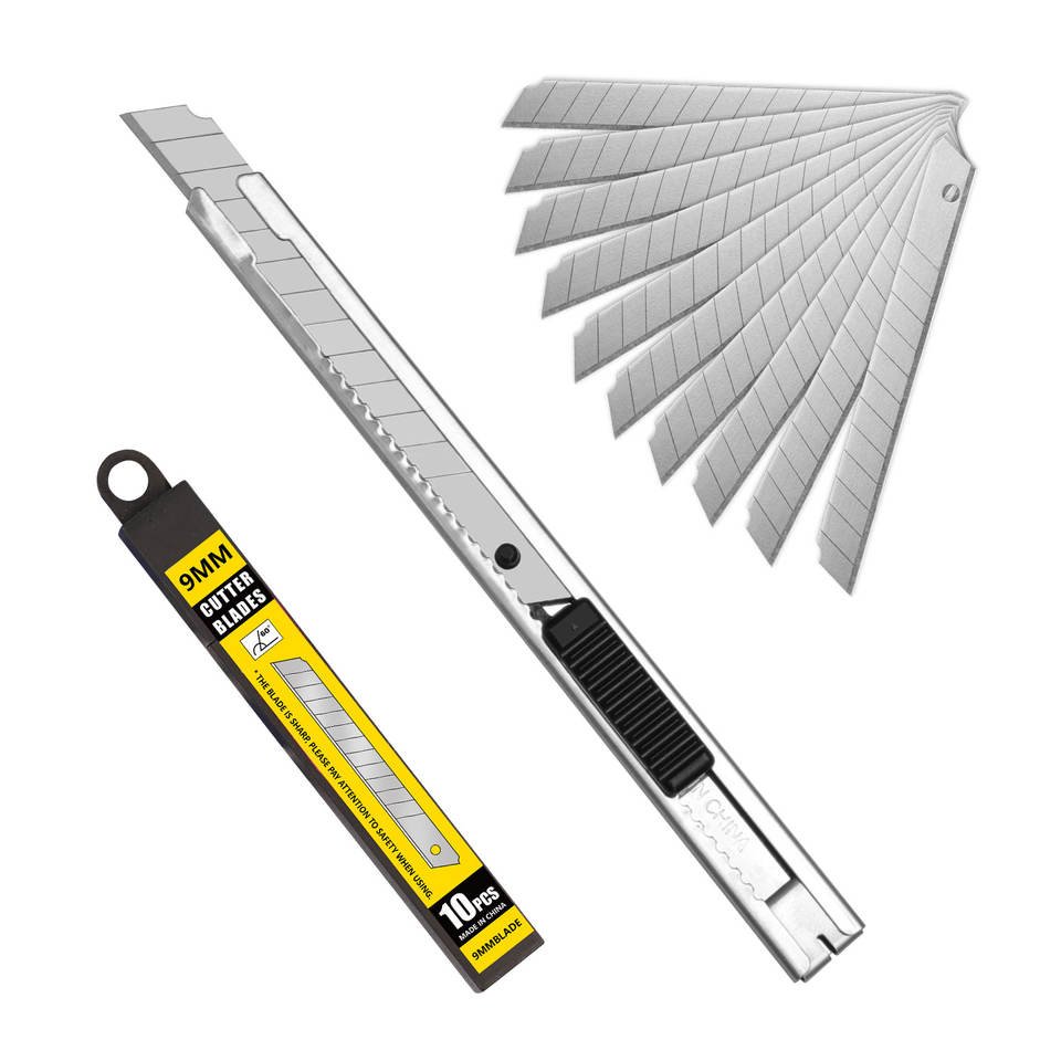 Slim silver metal9mm snap-off utility knife with black thumb slider
