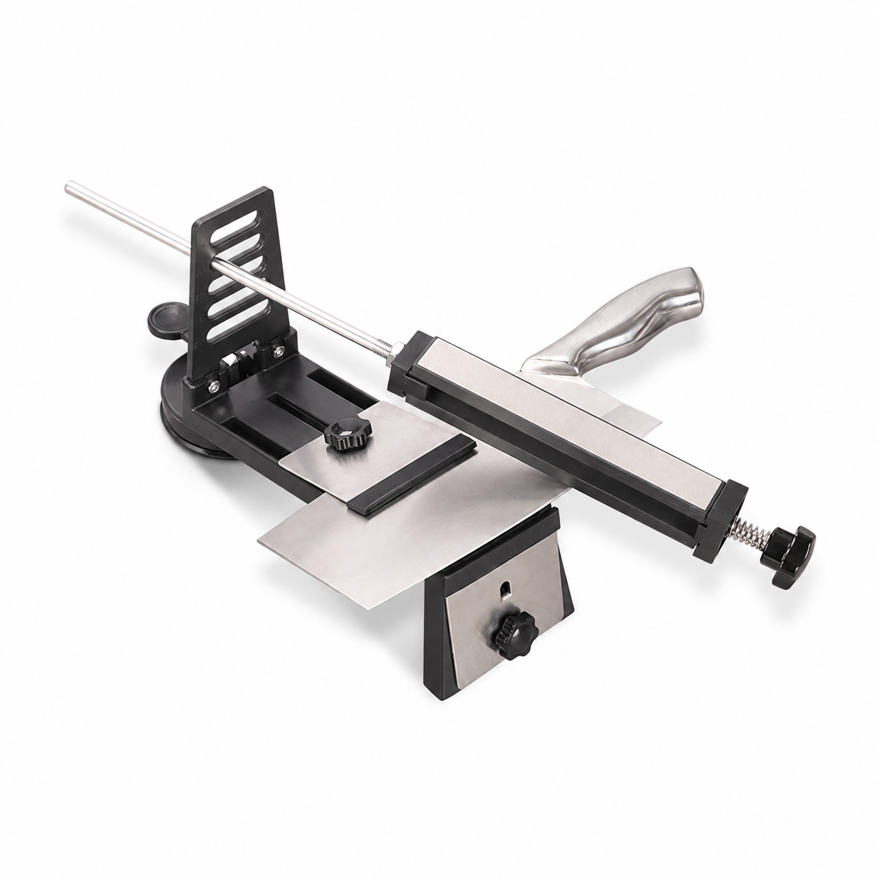 Slotted-post guided knife sharpening station with guide rod blade clamp and lever base