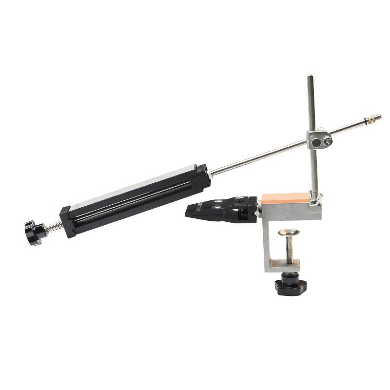 Guided knife sharpening system with table clamp, upright post, guide rod and long abrasive holder