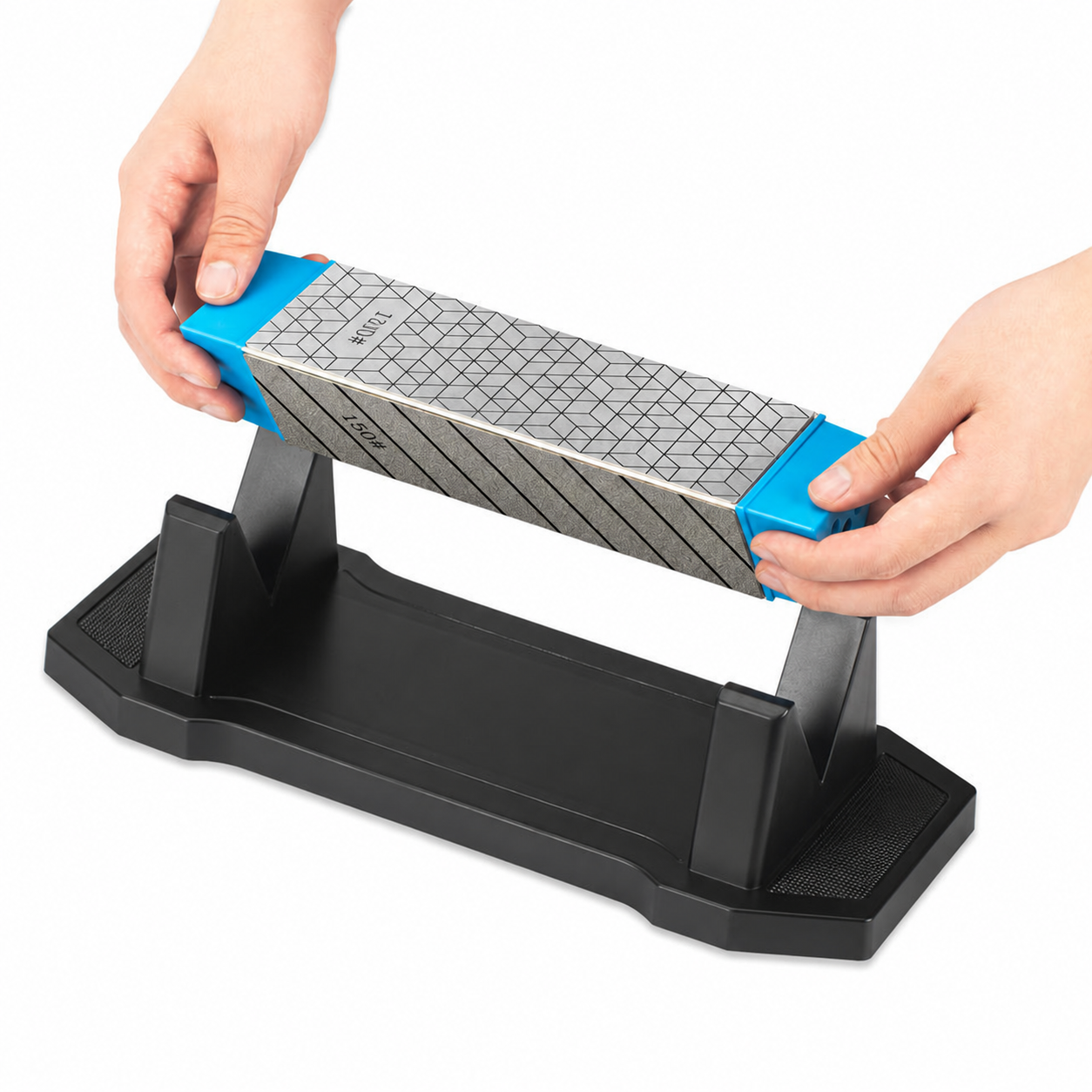 Three-sided diamond sharpening bar with blue endcaps resting in a black two-support stand