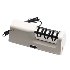 White three-stage electric knife sharpener with numbered guide sections and a front rocker switch