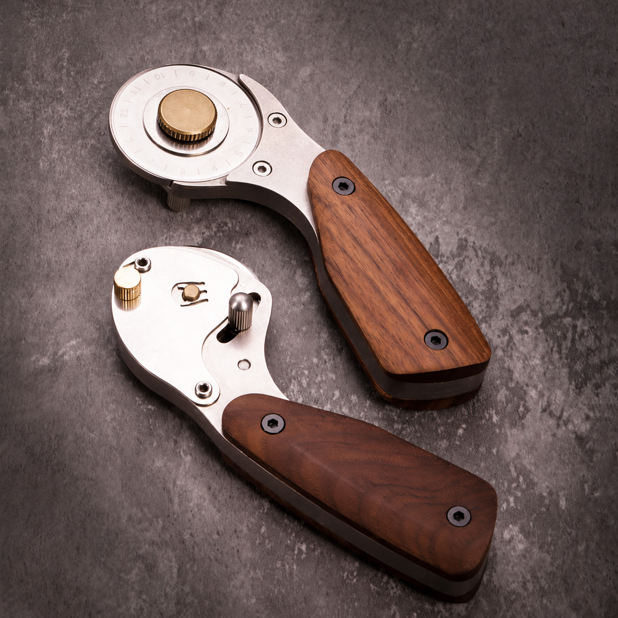 Wood-grip rotary leather cutter shown from front and rear